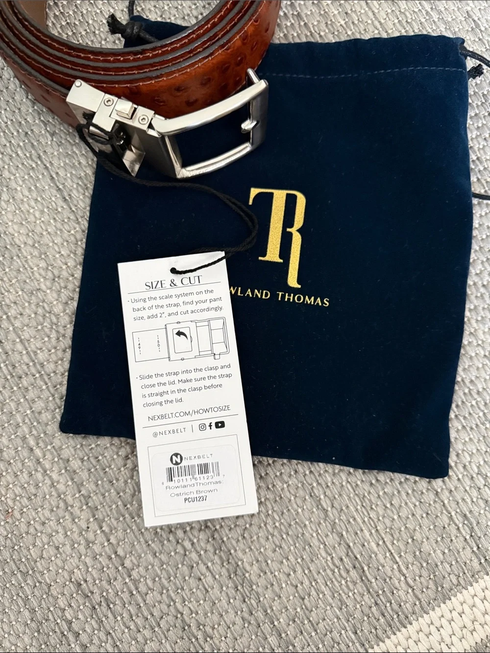 Men's Rowland Thomas Brown Ostrich-Leather Belt with Silver Buckle